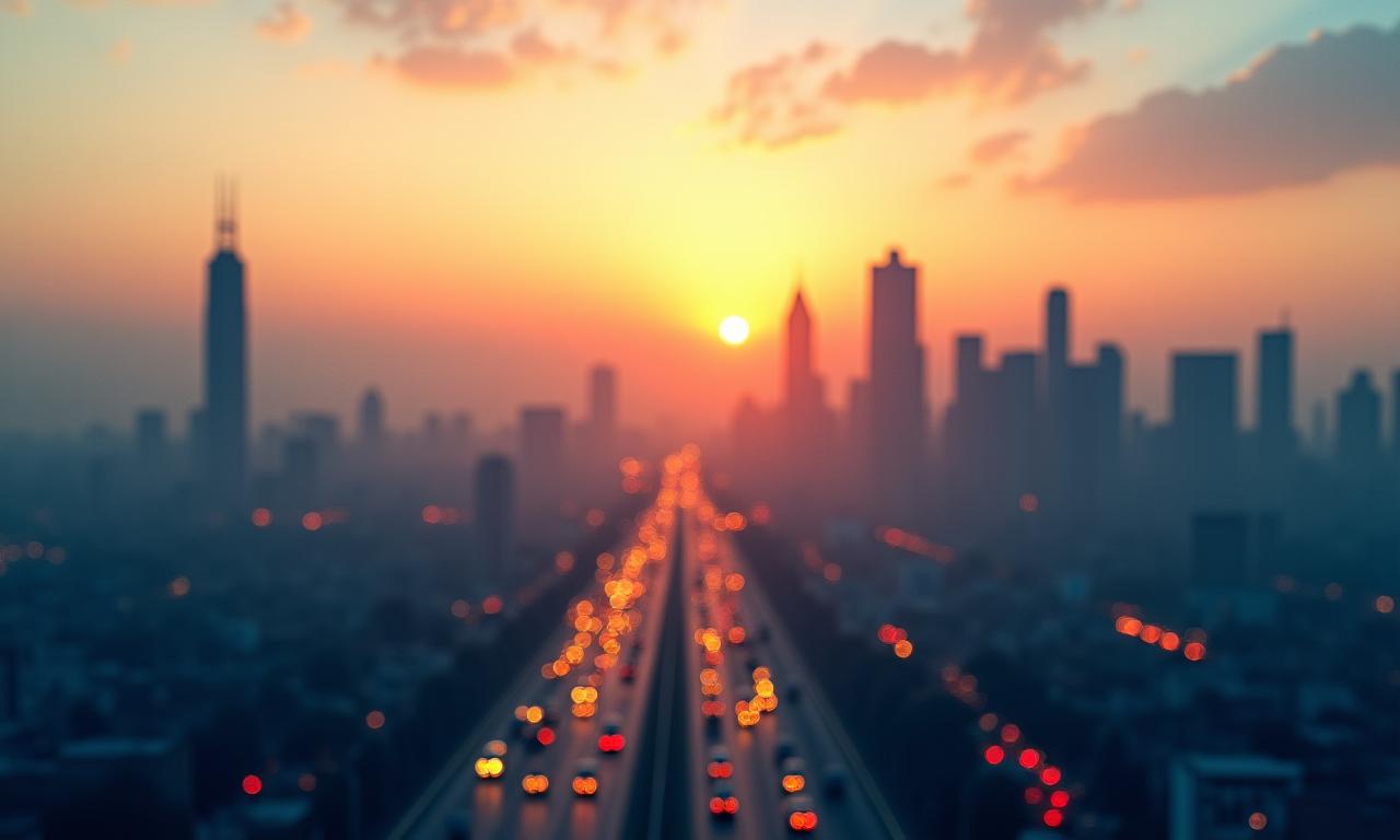 Eine moderne Stadtlandschaft bei Sonnenaufgang, die Mobilität und Professionalität symbolisiert.